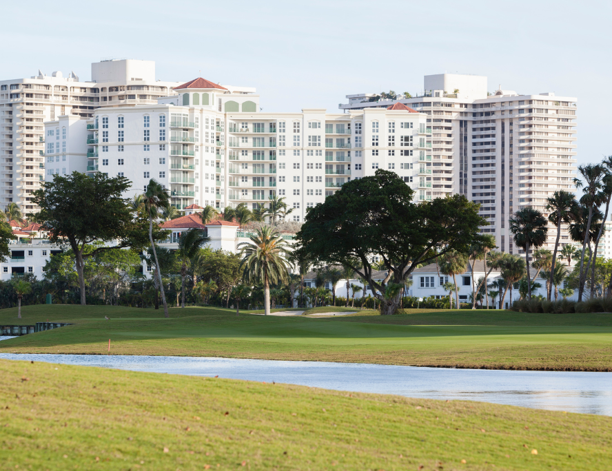 View of gold course and apartment buildings in Aventura